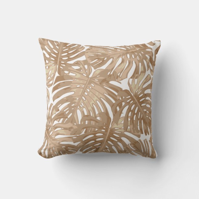 Tropical Beach Boho Brown White Palm Blätter Kissen (Vorderseite)