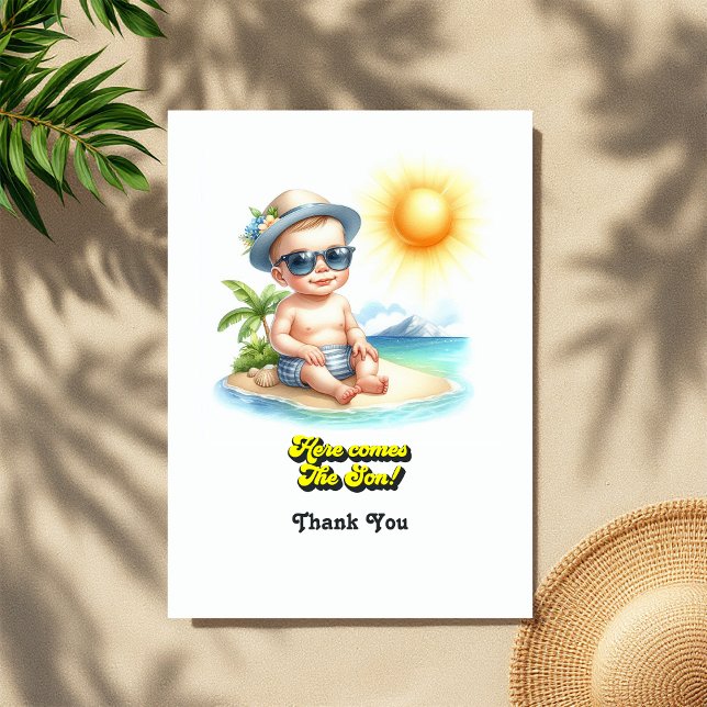 Tropical Beach Boy kommt hier zur Son Baby Dusche Dankeskarte (Tropical Beach Boy Here Comes the Son Baby Shower Thank You Card)