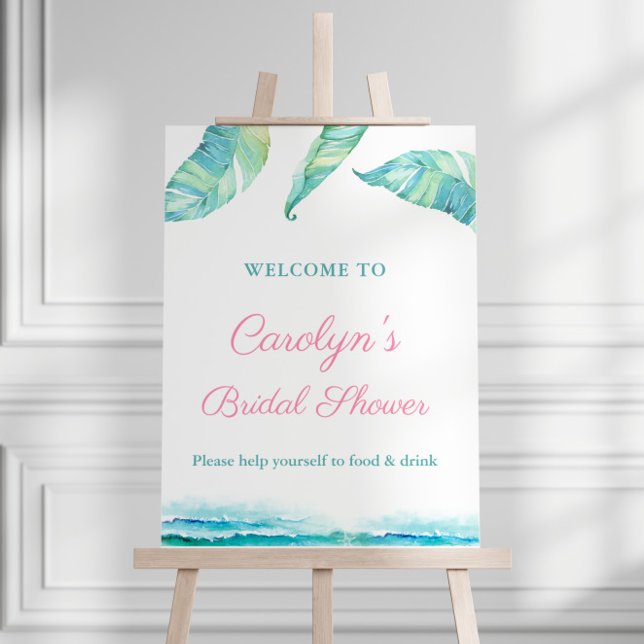 Tropical Beach Brautparty Party Willkommenspaket Poster (Tropical theme Aqua pink bridal shower party welcome sign)