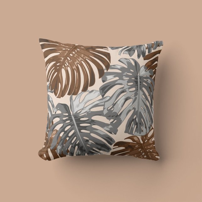 Tropical Beach Brown Gray Jungle Blätter Boho Kissen (Von Creator hochgeladen)