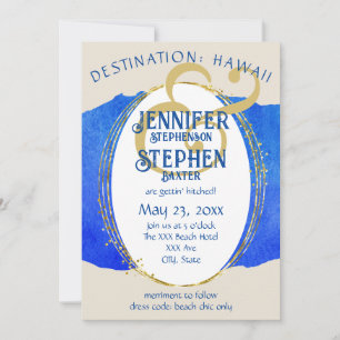Tropical Beach Chic Blue Gold Hochzeit in Urlaubso Einladung