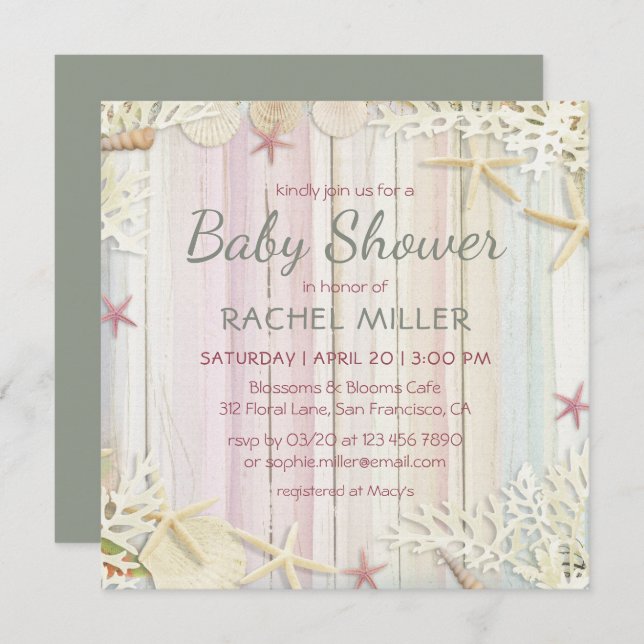 Tropical Beach Chic Modern Seashell Baby Dusche Einladung (Vorne/Hinten)