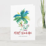 Tropical Beach Christmas Card<br><div class="desc">Diese Weihnachtskarten am Strand sind mit einer inselinspirierten exotischen Palme und dem niedlichen Weihnachtsfeiertag ausgestattet. Die Wörter "Merry Beach-mas" sind handgeschriebene Sets. Verwenden Sie die Vorlagenfelder, um Ihren personalisierten Gruß hinzuzufügen. Eine charmante Wahl, um diese Ferienzeit an Freunde und Familie zu schicken. Wenn Sie nach mehr tropischen Weihnachtskarten Designs suchen,...</div>