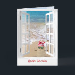 Tropical Beach Christmas Sand Snowman Karte<br><div class="desc">Cute sand man with striped knit cap in beach sand on ocean shore with window frame</div>