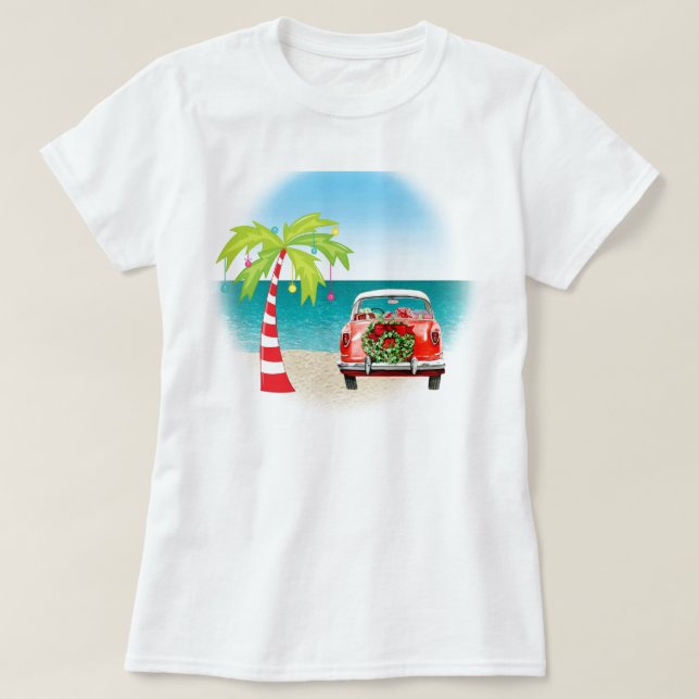Tropical Beach Classic Car Weihnachten T-Shirt (Design vorne)
