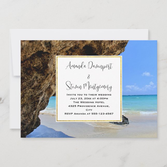 Tropical Beach Coast mit einer Big Rock Hochzeit Einladung (Vorderseite)