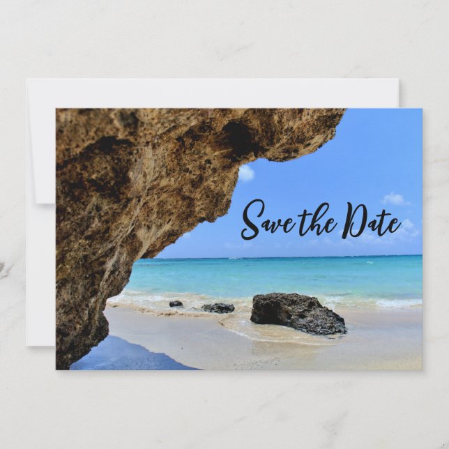 Tropical Beach Coast mit einer Big Rock Hochzeit Save The Date (Vorderseite)