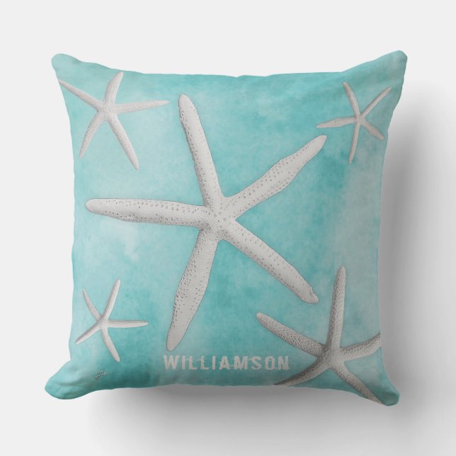 Tropical Beach Coastal Starfish Blue Modern Kissen (Vorderseite)