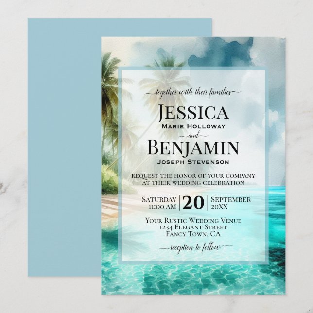 Tropical Beach Coastal Watercolor Stylish Wedding Einladung (Vorne/Hinten)