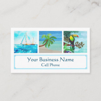 Tropical Beach Colorful Toucan Sailboat Palm Tree Visitenkarte