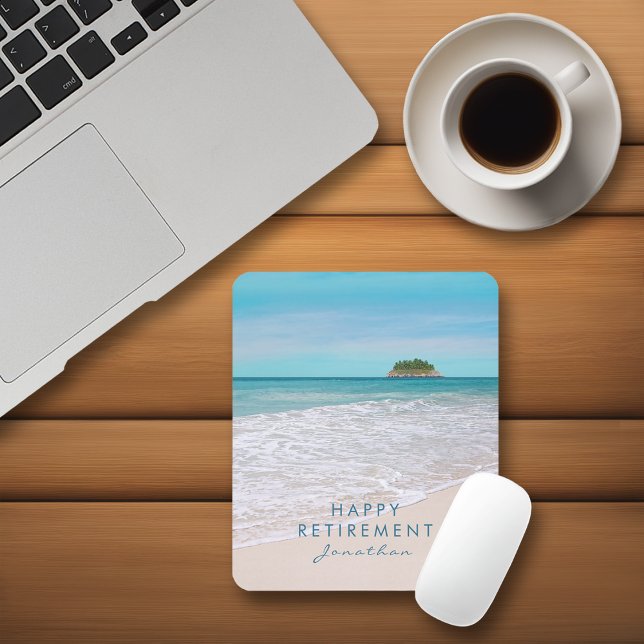 Tropical Beach Custom Text "Happy Retirement" Mousepad (Von Creator hochgeladen)