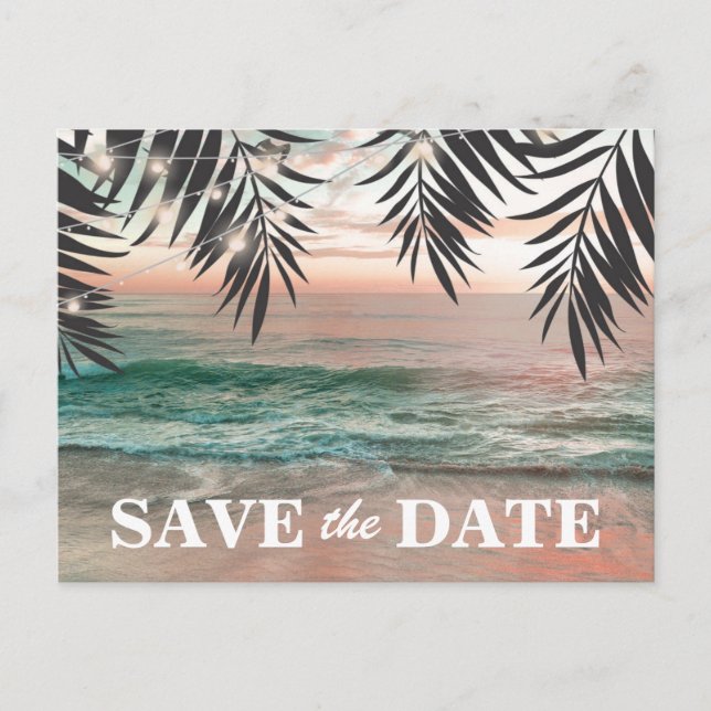 Tropical Beach Destination Save the Date Ankündigungspostkarte (Vorderseite)