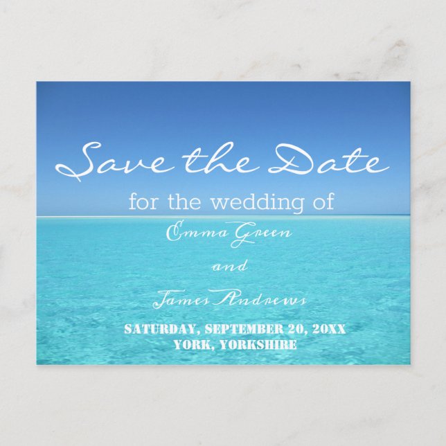 Tropical Beach Destination Save the Date Postkarte (Vorderseite)