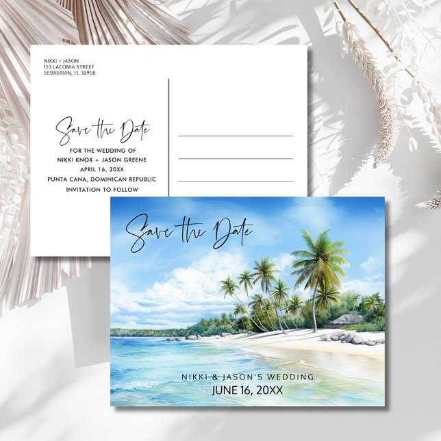 Tropical Beach Destination Wedding Save the Date Ankündigungspostkarte (Tropical Beach Destination Wedding Save the Date Announcement Postcard)