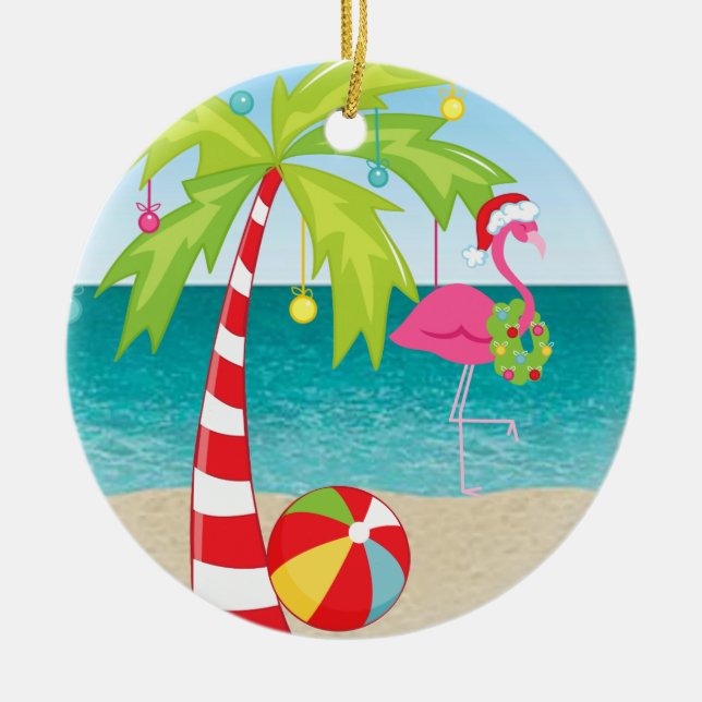 Tropical Beach Flamingo Palm Weihnachtsdekoration Keramik Ornament (Vorne)