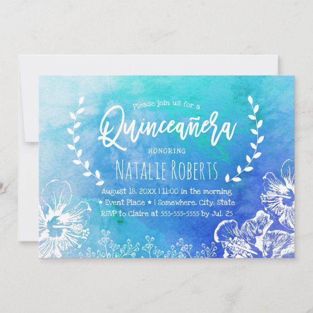 Tropical Beach Floral Blue Watercolor Quinceanera Einladung (Vorderseite)