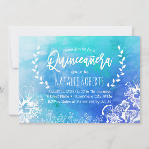Tropical Beach Floral Blue Watercolor Quinceanera Einladung