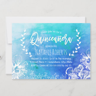 Tropical Beach Floral Blue Watercolor Quinceanera Einladung