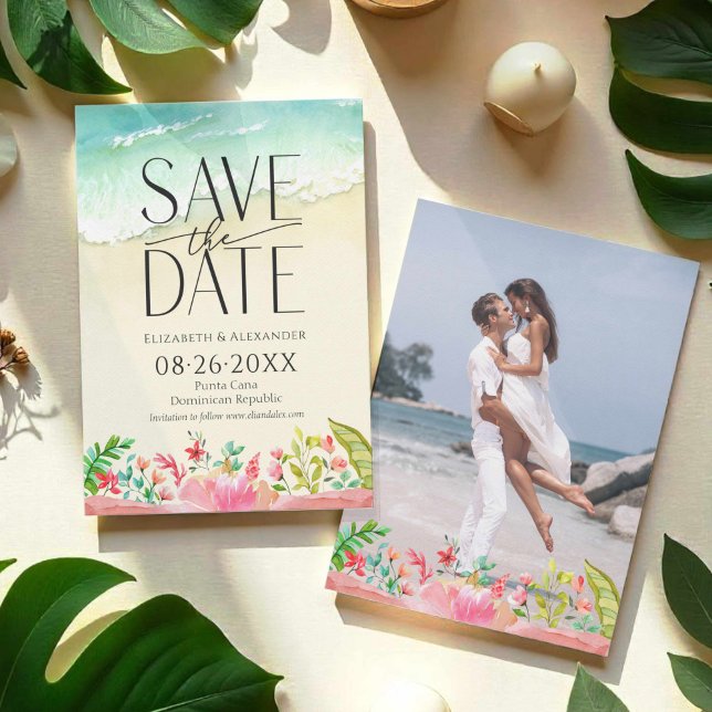 Tropical Beach Floral Calligraphy Save the Date Einladung (Von Creator hochgeladen)