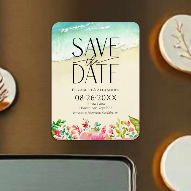 Tropical Beach Floral Calligraphy Save the Date Magnet (Von Creator hochgeladen)