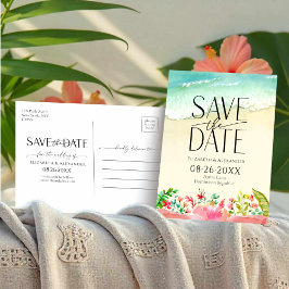 Tropical Beach Floral Calligraphy Save the Date Postkarte
