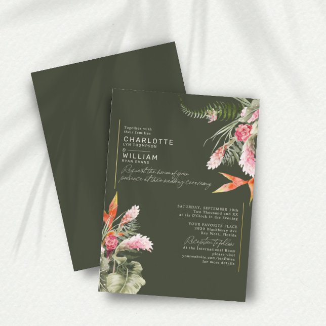 Tropical Beach Floral Dark Green Wedding Gold Folieneinladung (Von Creator hochgeladen)