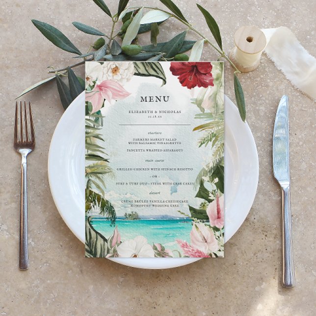 Tropical Beach Floral Palm | Hochzeitsmenü Menükarte (Von Creator hochgeladen)