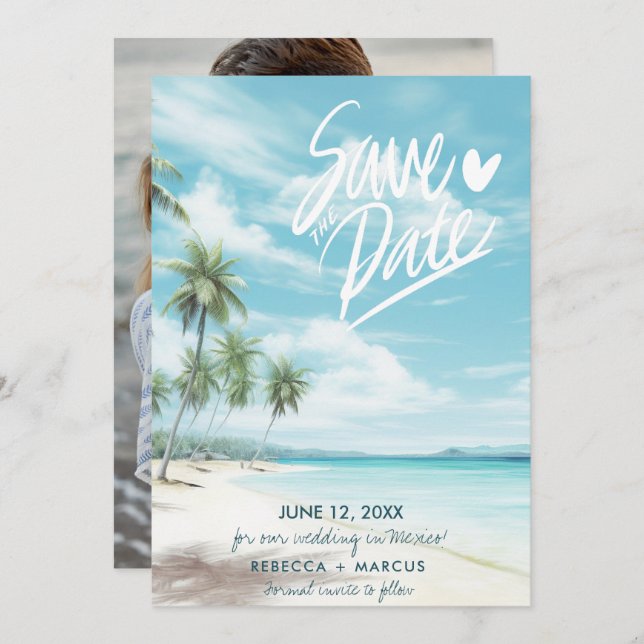 Tropical Beach Foto Wedding Save the Date Einladung (Vorne/Hinten)