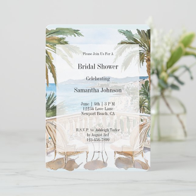 Tropical Beach French Riviera Bridal Shower Einladung (Stehend Vorderseite)