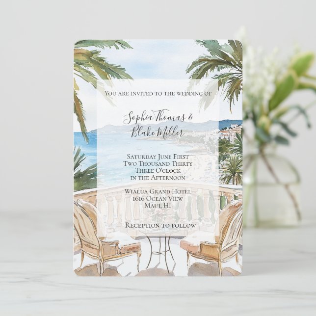 Tropical Beach French Riviera Wedding Einladung (Stehend Vorderseite)