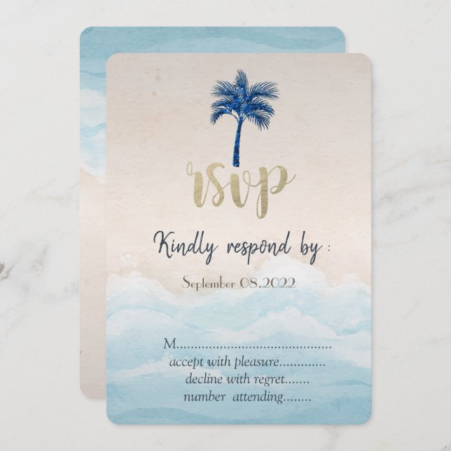 Tropical Beach Glitzer Palm Wedding RSVP Einladung (Vorne/Hinten)