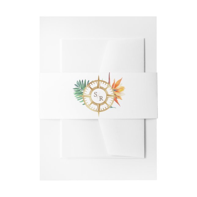 Tropical Beach Gold Compass Monogram Passport Einladungsbanderole (Vorderseite Beispiel)
