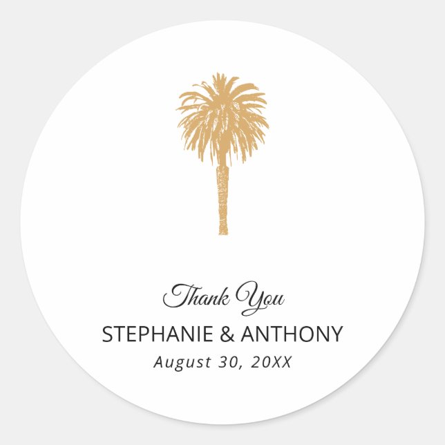 Tropical Beach Gold Palm Tree Hochzeit in Urlaubso Runder Aufkleber (Vorderseite)