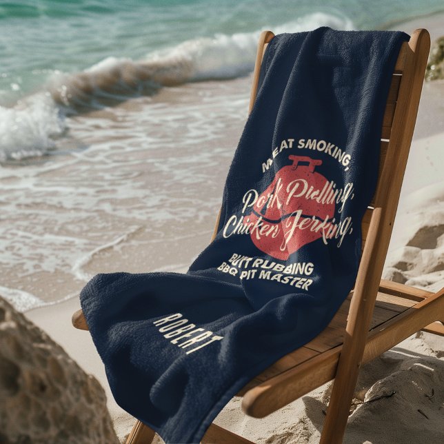 Tropical Beach GRILLEN Pit Master Vater Custom Strandtuch (Navy Blue BBQ Fun Gag Beach Towel)