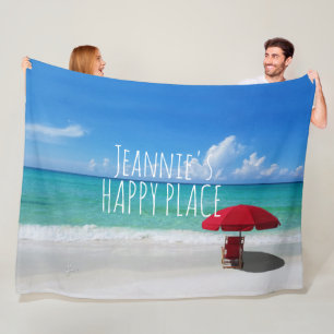 Tropical Beach Happy Place Dein Name Red Umbrella Fleecedecke