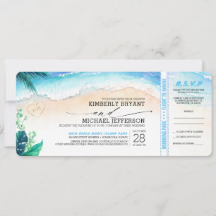Tropical Beach Heart Shore Wedding Boarding Pass Einladung