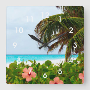 Tropical Beach Hibiscus Palm Tree Wall Clock Quadratische Wanduhr