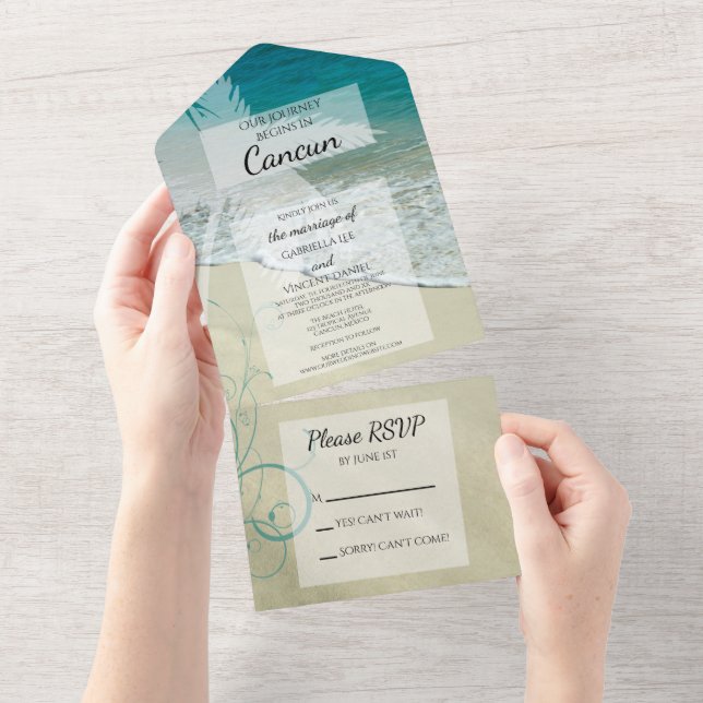 Tropical Beach Hochzeit in Urlaubsort All In One Einladung (Abreißen)