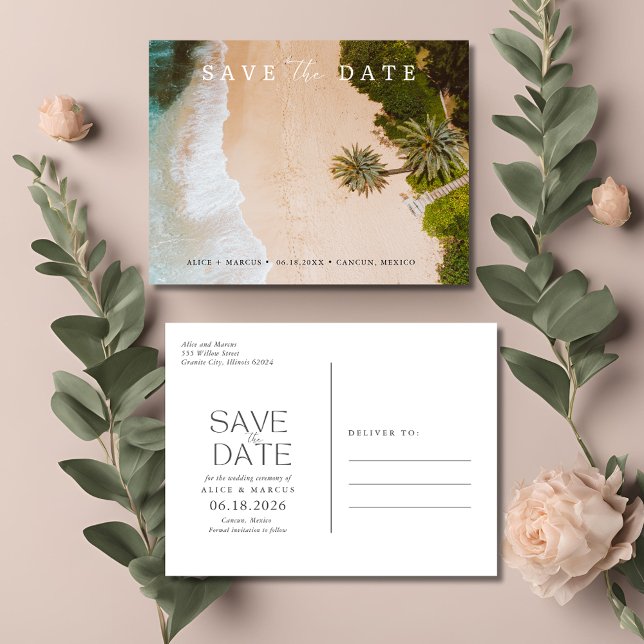 Tropical Beach Hochzeit in Urlaubsort Save the Dat Ankündigungspostkarte (Tropical Beach Destination Wedding Save the Date Announcement Postcard)