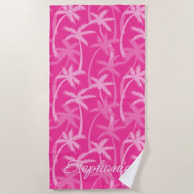 Tropical Beach Hot Pink Palm Tree Mit Monogramm Strandtuch (Vorderseite)