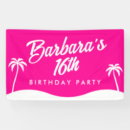 Tropical Beach Hot Pink Script Sweet 16 Banner