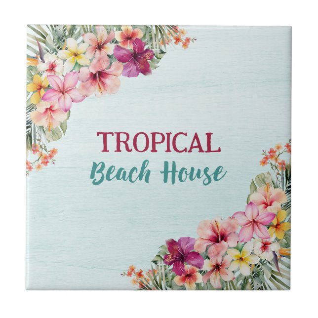 Tropical Beach House Pink Blume Blumen Botanische Fliese (Vorderseite)