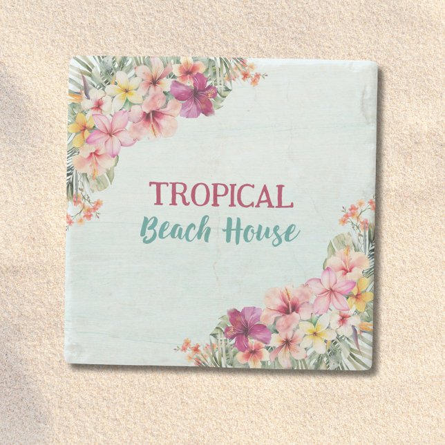 Tropical Beach House Pink Blume Blumen Botanische Steinuntersetzer (In situ)