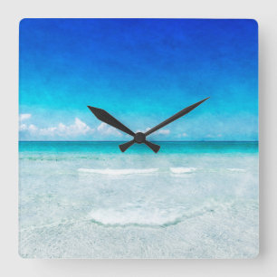 Tropical Beach in Florida Teal Aqua Turquoise Blue Quadratische Wanduhr