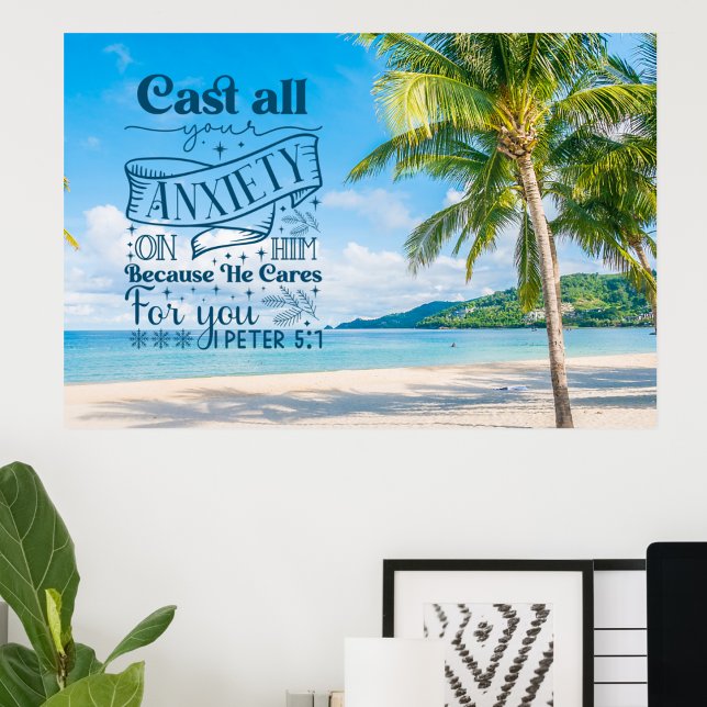 Tropical Beach Landschaft, 1 Peter 5:7 Bible Verse Poster (Von Creator hochgeladen)