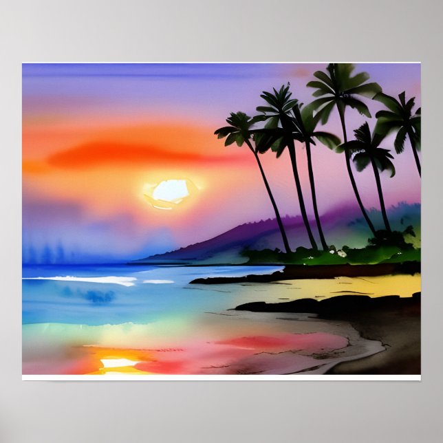 Tropical Beach Landschaftlich Watercolor Poster (Vorne)