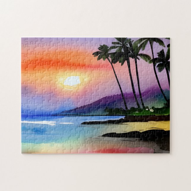 Tropical Beach Landschaftlich Watercolor Puzzle (Horizontal)