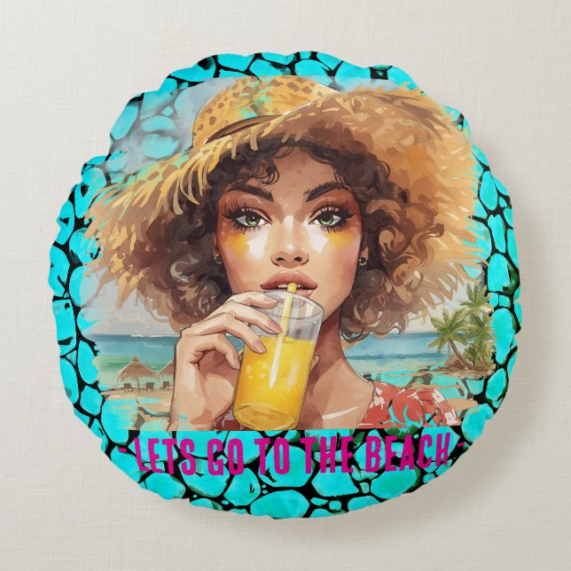 Tropical Beach, Lets Go to The Beach, Black Turquo Rundes Kissen (Vorderseite)