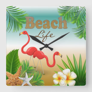 Tropical Beach Life Design with Flamingos Quadratische Wanduhr