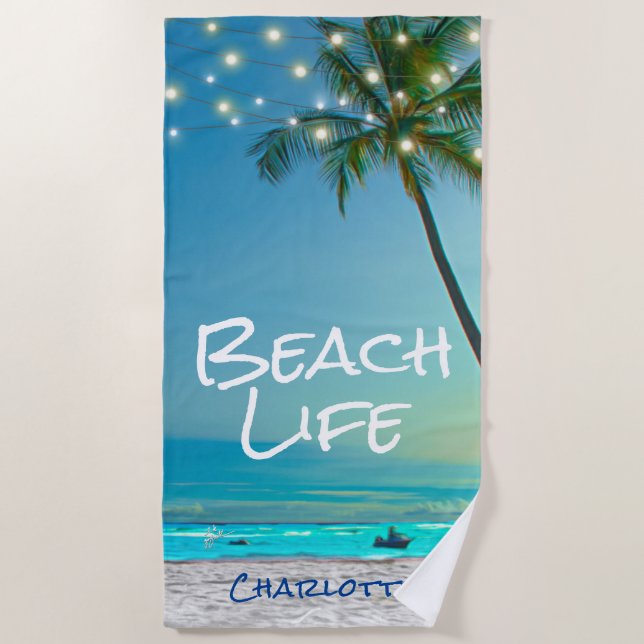 Tropical Beach Life Palm Tree Beach Blue Ocean Strandtuch (Vorderseite)